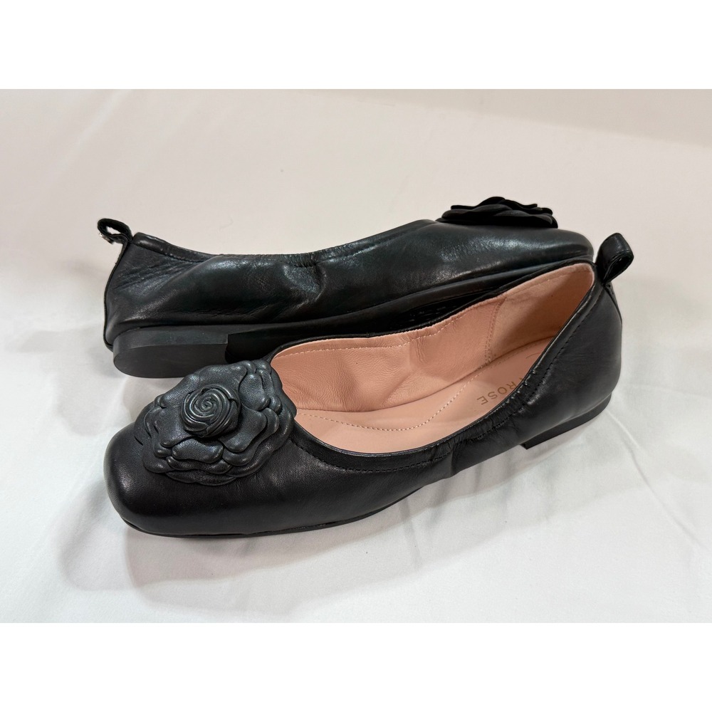 Taryn Rose Black Leather Rose Applique Square Toe Ballet Flats Womens - Picture 7 of 9